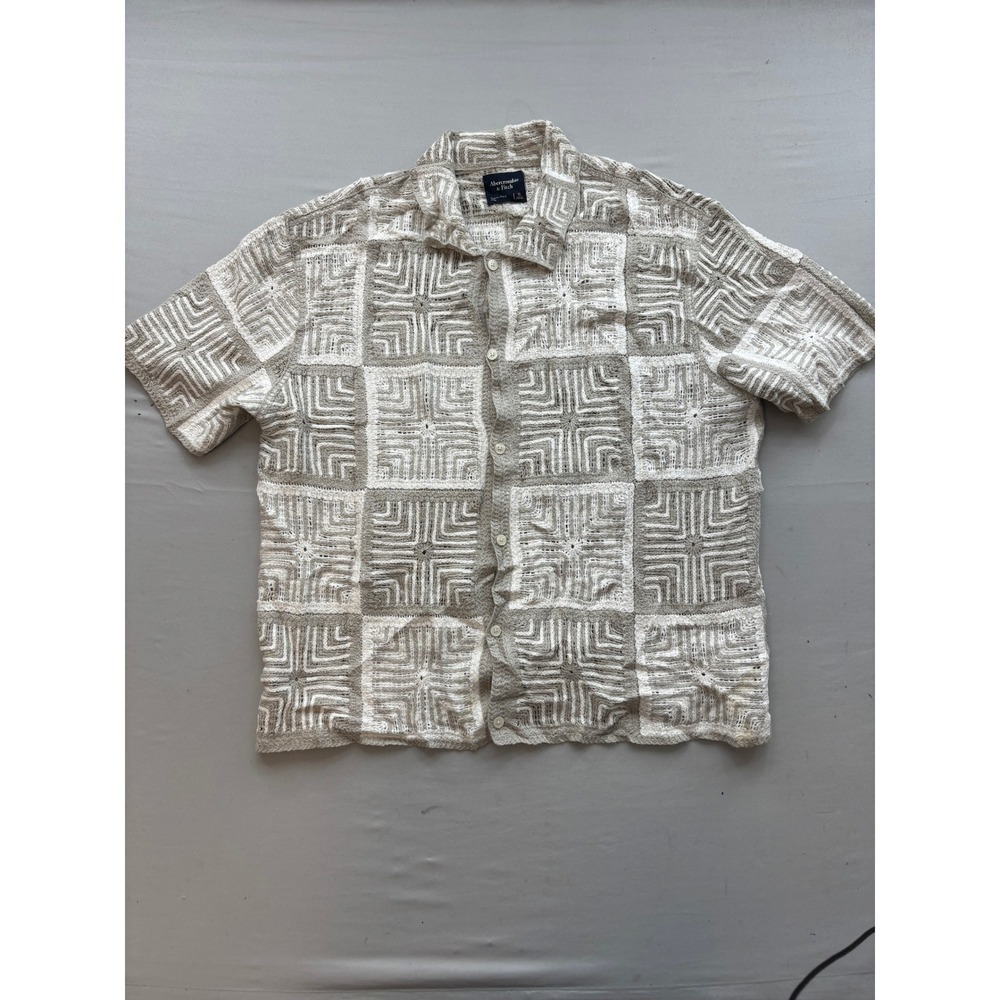 Abercrombie & Fitch Mens XL Crochet Knit Button Up Shirt Geometric Tan Cream